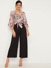 Load image into Gallery viewer, Colorblock Tie Front Ruffle Sleeve Floral Jumpsuit