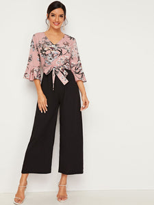 Colorblock Tie Front Ruffle Sleeve Floral Jumpsuit