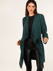 Open Front Roll Tab Sleeve Dip Hem Coat