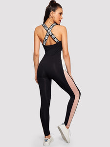 Color-block Lettering Strap Tank Jumpsuit