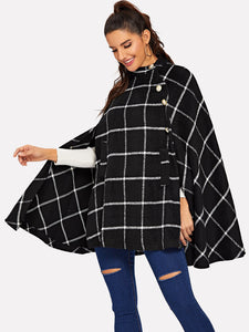 Button Front Plaid Print Cape Coat