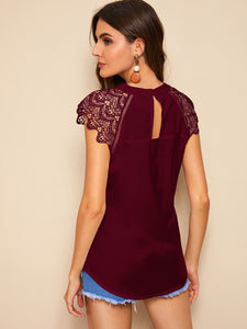 Contrast Lace Cuff Keyhole Back Blouse