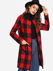 Checkered Open Front Collarless Coat