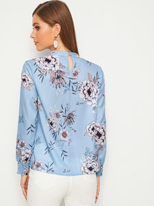 Mock-neck Floral Print Keyhole Back Blouse