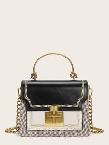 Metal Handle Chain Strap Flap Satchel Bag