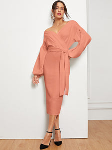 Blouson Sleeve Slit Hem Surplice Bardot Dress