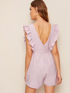 Solid Ruffle Trim V Back Romper