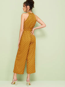 Polka Dot Belted Wide Leg Halter Jumpsuit