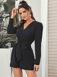 Solid Tie Front V Neck Romper