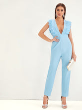 Load image into Gallery viewer, Deep V Neck Layered Pleated Ruffle Trim Jumpsuit