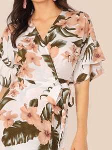 Botanical Print Ruffle Cuff Tie Side Wrap Dress