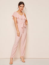 Load image into Gallery viewer, Asymmetrical Neck Ruffle Foldover Self Belted Jumpsuit