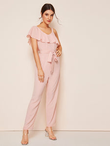 Asymmetrical Neck Ruffle Foldover Self Belted Jumpsuit