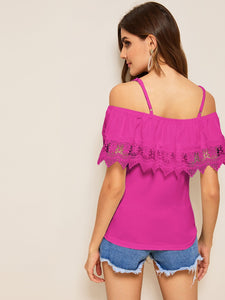 Cold Shoulder Guipure Lace Trim Top