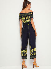 Load image into Gallery viewer, Floral Print Tassel Trim Belted Bardot Jumpsuit