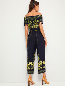 Floral Print Tassel Trim Belted Bardot Jumpsuit