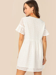 Flounce Sleeve Solid Schiffy Dress