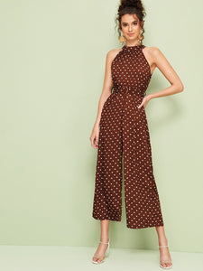 Polka Dot Belted Wide Leg Halter Jumpsuit