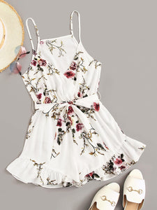 Floral Print Surplice Front Ruffle Hem Belted Cami Romper