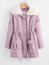 Load image into Gallery viewer, Fleece Lined Pocket Front Drawstring Parka Coat