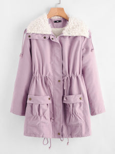 Fleece Lined Pocket Front Drawstring Parka Coat