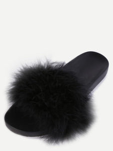 Black Faux Fur Soft Sole Flat Slippers