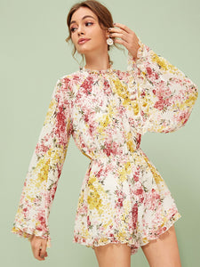 Ditsy Floral Frill Trim Flounce Sleeve Backless Romper