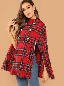 Double Button Plaid Cape Coat