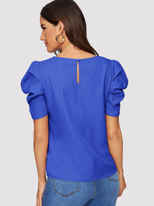 Button Keyhole Back Puff Sleeve Top