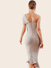 Load image into Gallery viewer, Adyce Zip Back One Shoulder Fishtail Hem Bodycon Dress