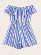 Load image into Gallery viewer, Striped Off Shoulder Ruffle Trim Playsuit