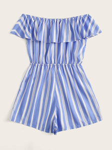 Striped Off Shoulder Ruffle Trim Playsuit