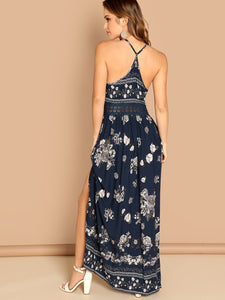 Guipure Lace Insert Split Floral Maxi Cami Dress