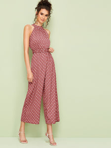 Polka Dot Belted Wide Leg Halter Jumpsuit