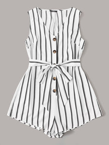 Buttoned Front Belted Striped Romper