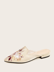 Floral Embroidered Point Toe Flat Mules