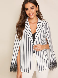 Notch Neck Eyelash Lace Trim Striped Cape Blazer