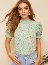 Load image into Gallery viewer, Ditsy Floral Frill Neck Puff Sleeve Top