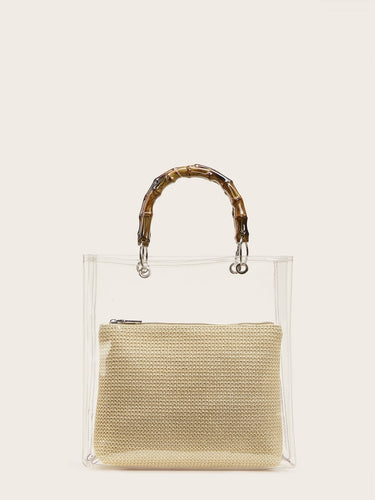 Bamboo Shaped Handle Clear Tote Bag With Inner Pouch