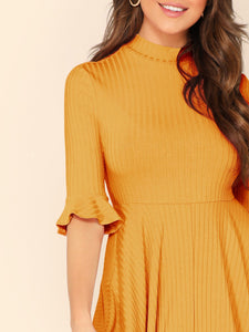 Bell Sleeve Ribbed Knit Midi Dress