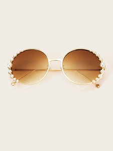 Faux Pearl Decor Round Frame Sunglasses