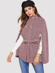 Double Breasted Front Tie Waist Tweed Cape Coat