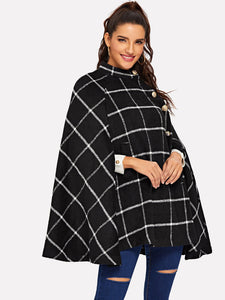 Button Front Plaid Print Cape Coat