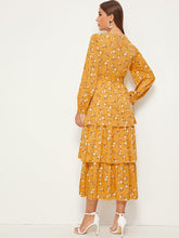 Load image into Gallery viewer, Ditsy Floral Print Layered Ruffle Belted Dress