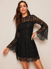 Load image into Gallery viewer, Trumpet Sleeve Floral Lace Overlay Dress