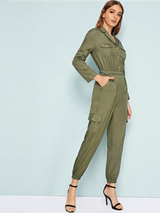 Solid Button Through Pocket Utility Jumpsuit