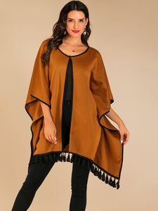 Tassel Trim Contrast Binding Cape Coat