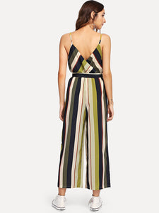 V Neckline Tie Side Striped Jumpsuit