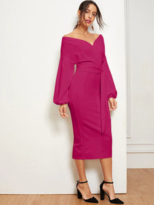 Blouson Sleeve Surplice Wrap Split Hem Dress