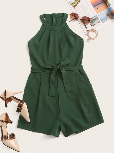 Solid Self Tie Zip Back Halter Playsuit